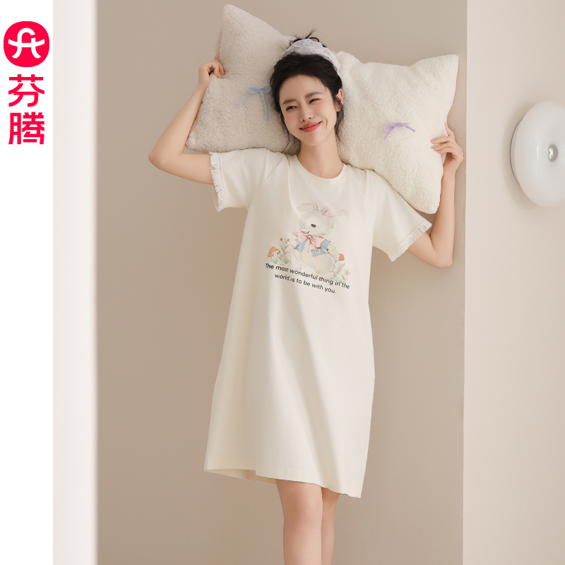芬腾女士夏季纯棉短袖薄款睡裙