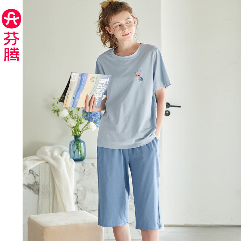 芬腾夏季短袖睡衣女士纯棉薄款七分裤夏天凉感大码韩版家居服套装