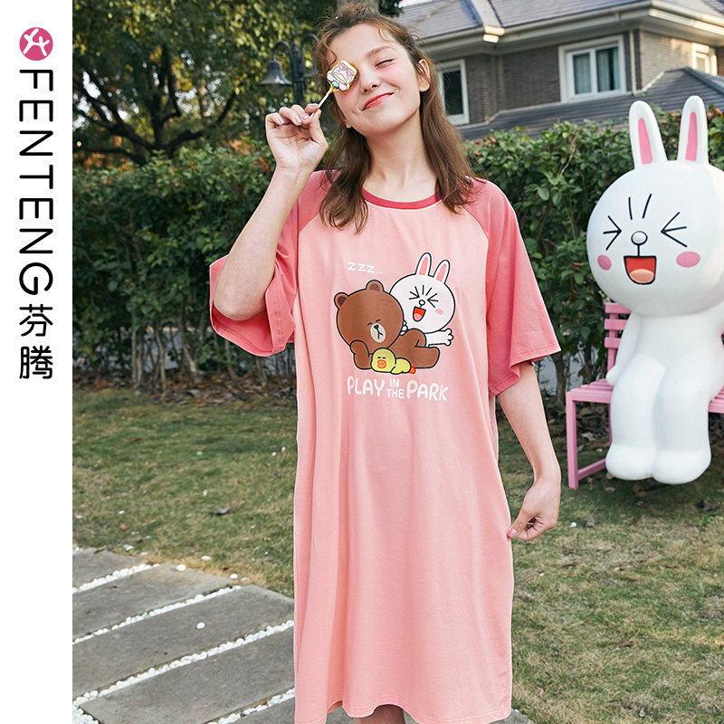 芬腾韩国布朗熊夏季短袖睡裙少女纯棉可爱薄款可外穿家居服连衣裙