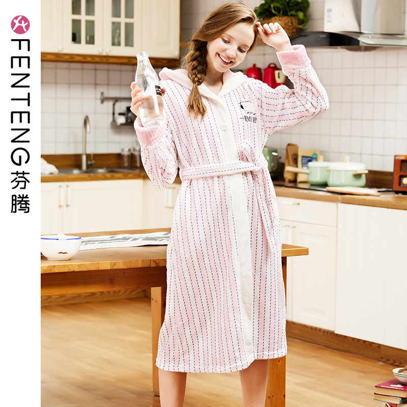 芬腾秋冬清仓珊瑚绒睡衣女可爱条纹连帽睡袍女士甜美居家长款浴袍