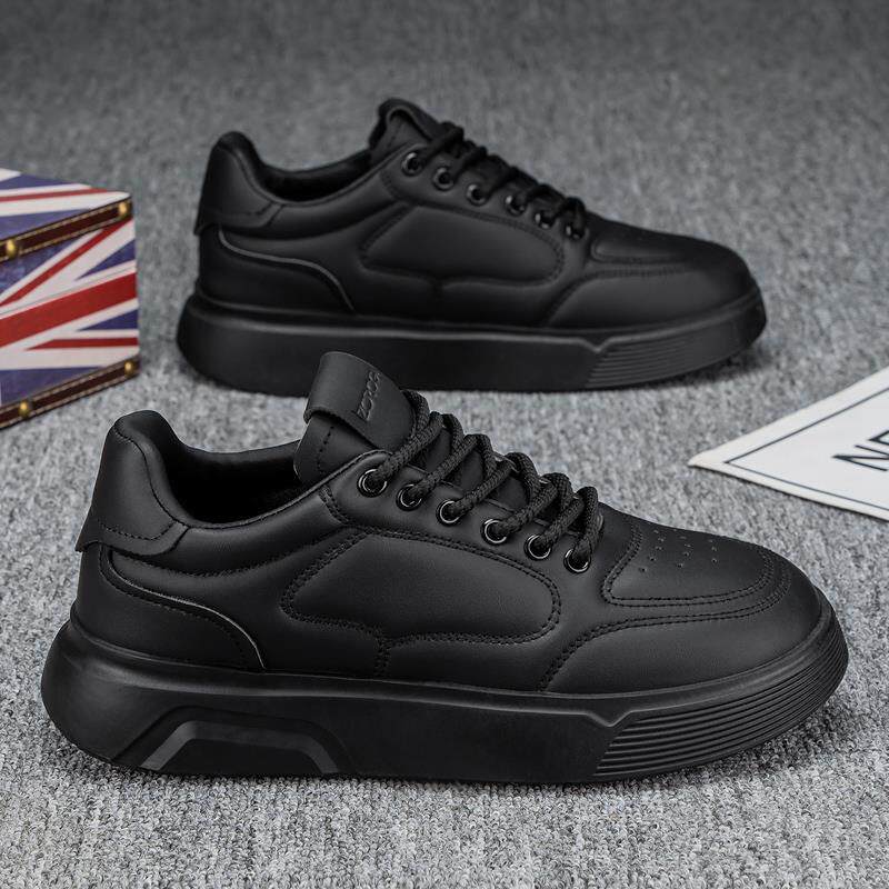 正货男鞋秋季厨房工作防水防滑黑色板鞋男士休闲皮鞋运动厚底劳保