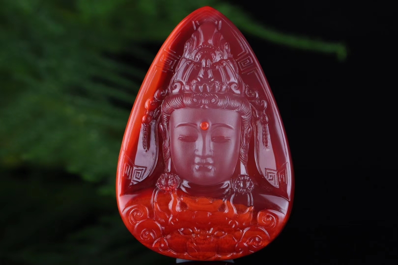 南红玛瑙鸿运当头观音法相挂件柿子玫红俏色观音菩萨佛像吊坠男女