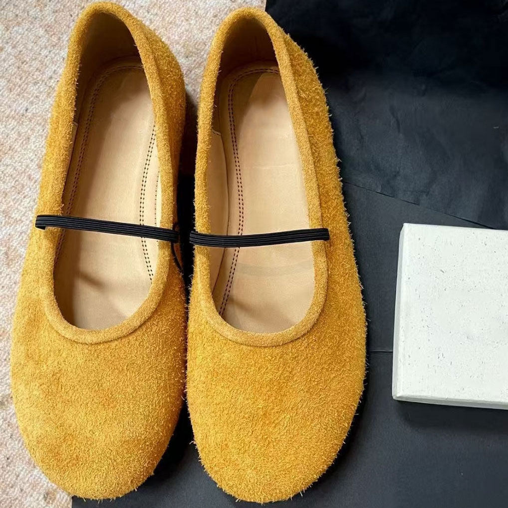 甜美少女感黄色绒面一字细带玛丽珍芭蕾舞鞋女夏圆头内增高奶奶鞋