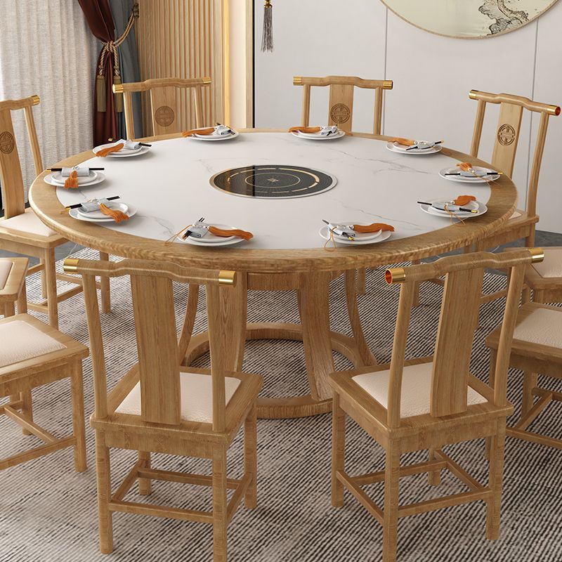 2023新中式实木原木色大理石餐桌湘菜馆包间多人大圆桌2m饭桌带转