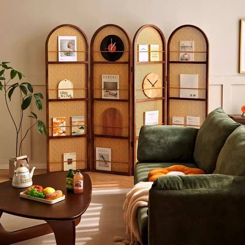 2025新客厅折叠藤编屏风美容院免打孔卧室遮挡移动屏风隔断客厅遮