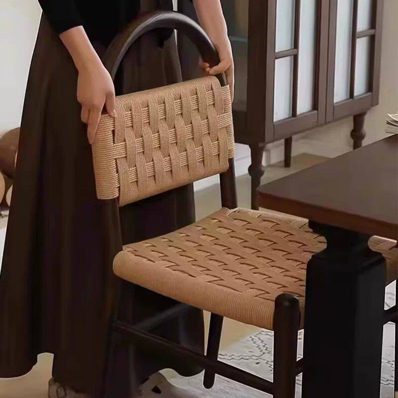 2025法式中古薇薇安餐椅绳编实木椅子复古客厅家用编织靠背休闲化