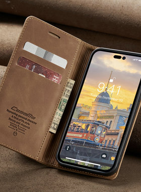 新款适用于iphone14promax手机壳苹果16手机皮套插卡复古13pro保护套男女款12mini多功能钱包防摔外壳