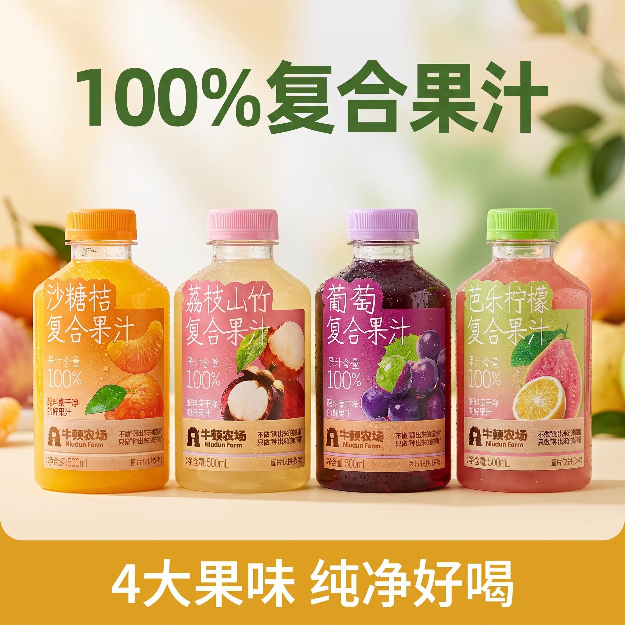 牛顿农场100%复合果汁500ml饮品四味组合装芭乐柠檬新鲜果汁饮料