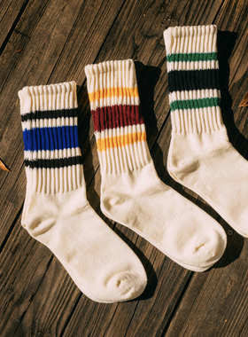 COSMOS制男女情侣西海岸滑板风撞色条纹个性堆堆袜透气纯棉中筒袜