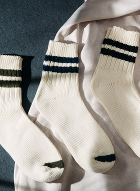 COSMOS制男女情侣中帮复古米色双杠条纹军事工装风休闲有机棉袜子