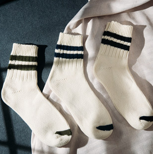 风休闲有机棉袜子 COSMOS制男女情侣中帮复古米色双杠条纹军事工装