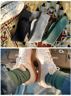 COSMOS粗针日系纯棉“vintage水洗感”复古纯色长筒堆堆袜女秋冬
