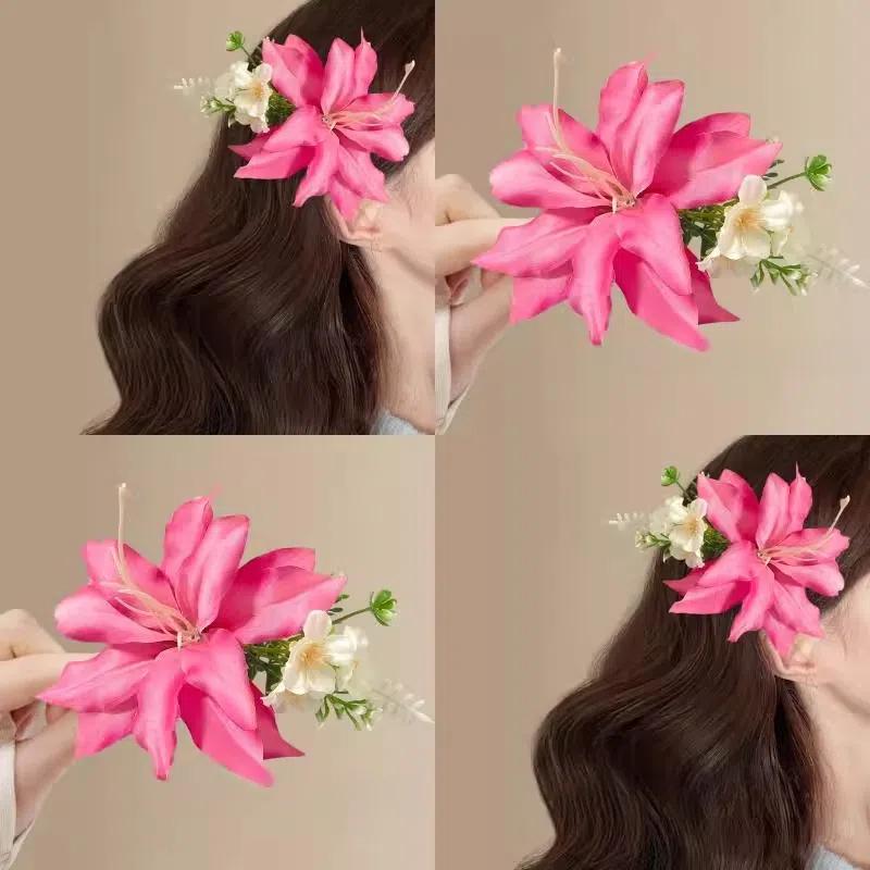蜜桃假日~粉色渐变花朵发夹春夏甜美海边发卡鸭嘴夹高级感