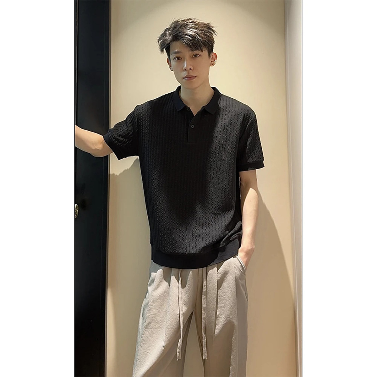 扭花翻领POLO衫短袖男老钱风宽松图片