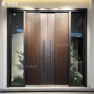 凯格斯别墅大门木纹玻璃门农村自建房入户门子母门双开门现代轻奢