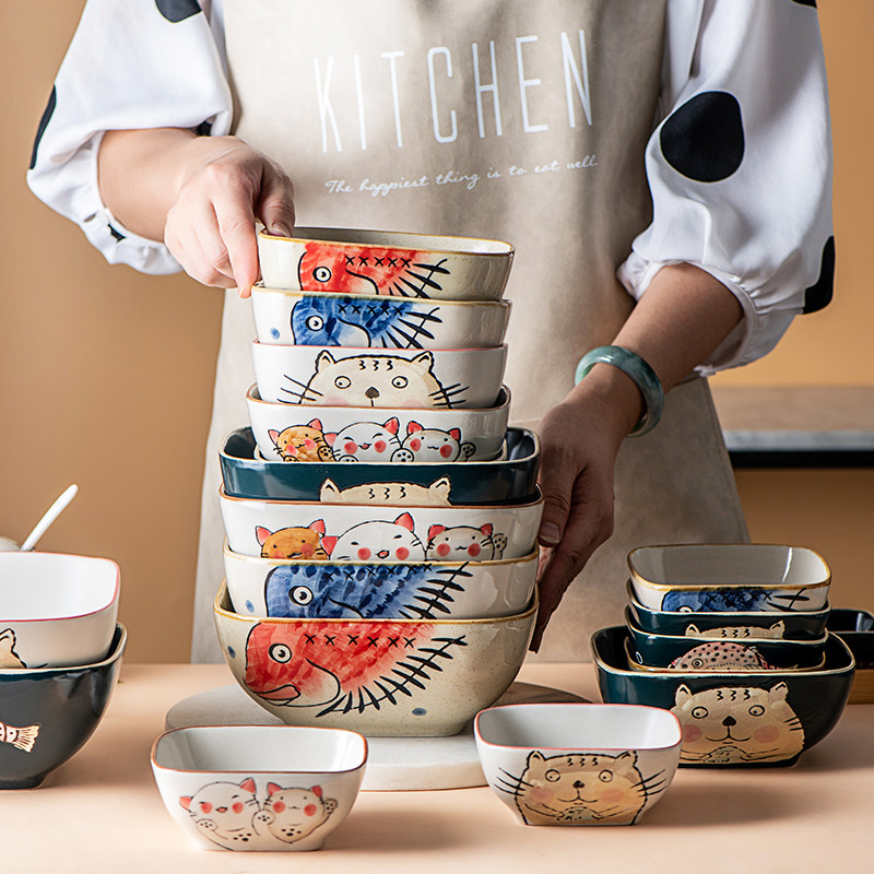釉下彩日式沙拉碗陶瓷方碗单个可爱好看吃饭早餐家用大碗面碗饭碗