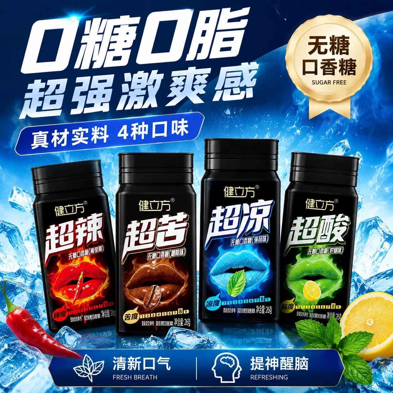 健立方爆炸薄荷味无糖口香糖柠檬香辣咖啡激爽提神0糖0脂26g*4瓶