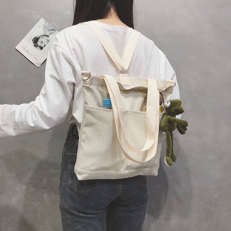 带拉链帆布包百搭休闲单肩手提包时尚女士纯色文艺托特布袋韩国