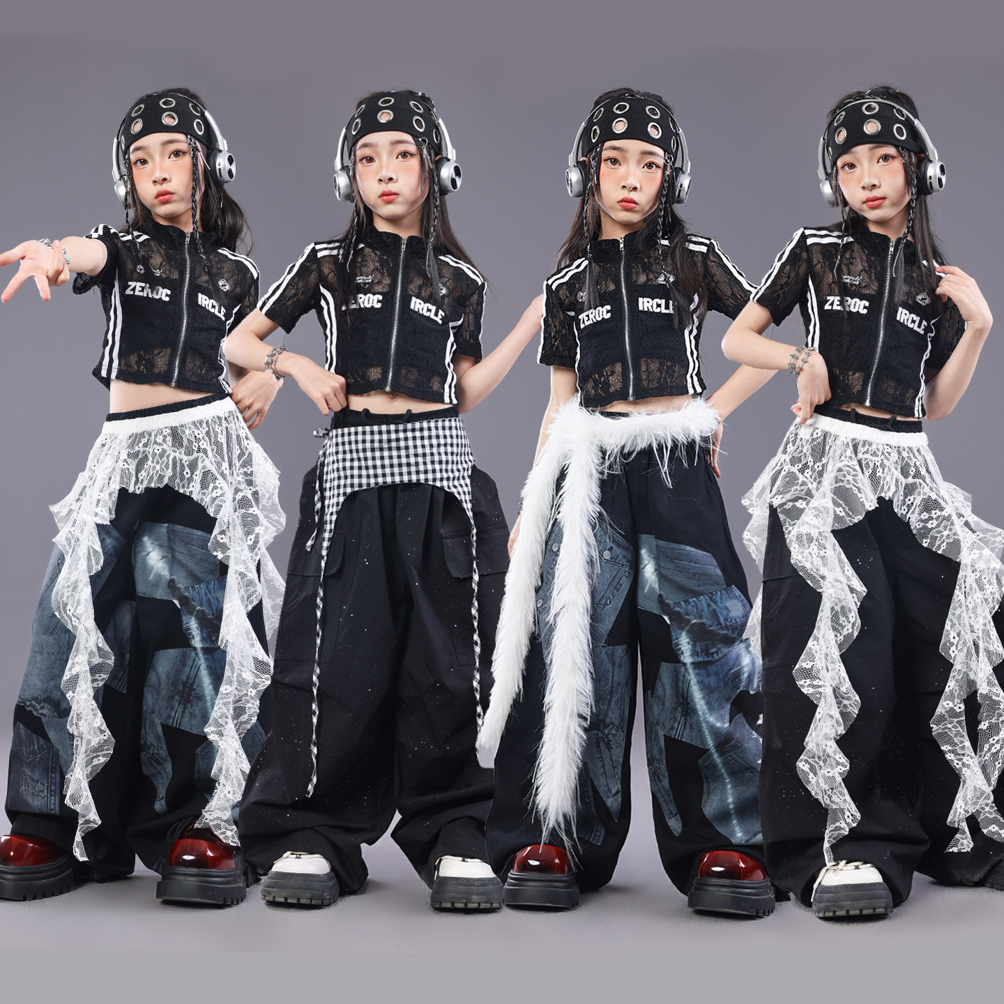 新款少儿爵士舞服装儿童jazz夏季黑色蕾丝上衣女童街舞六一演出服图片