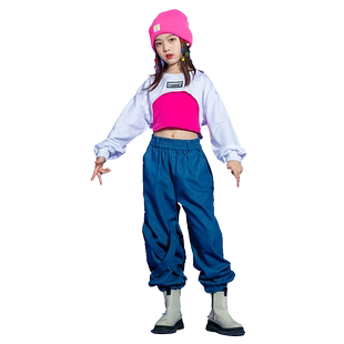 女童嘻哈白色露脐上衣爵士舞套装儿童演出服jazz表演服走秀潮服装