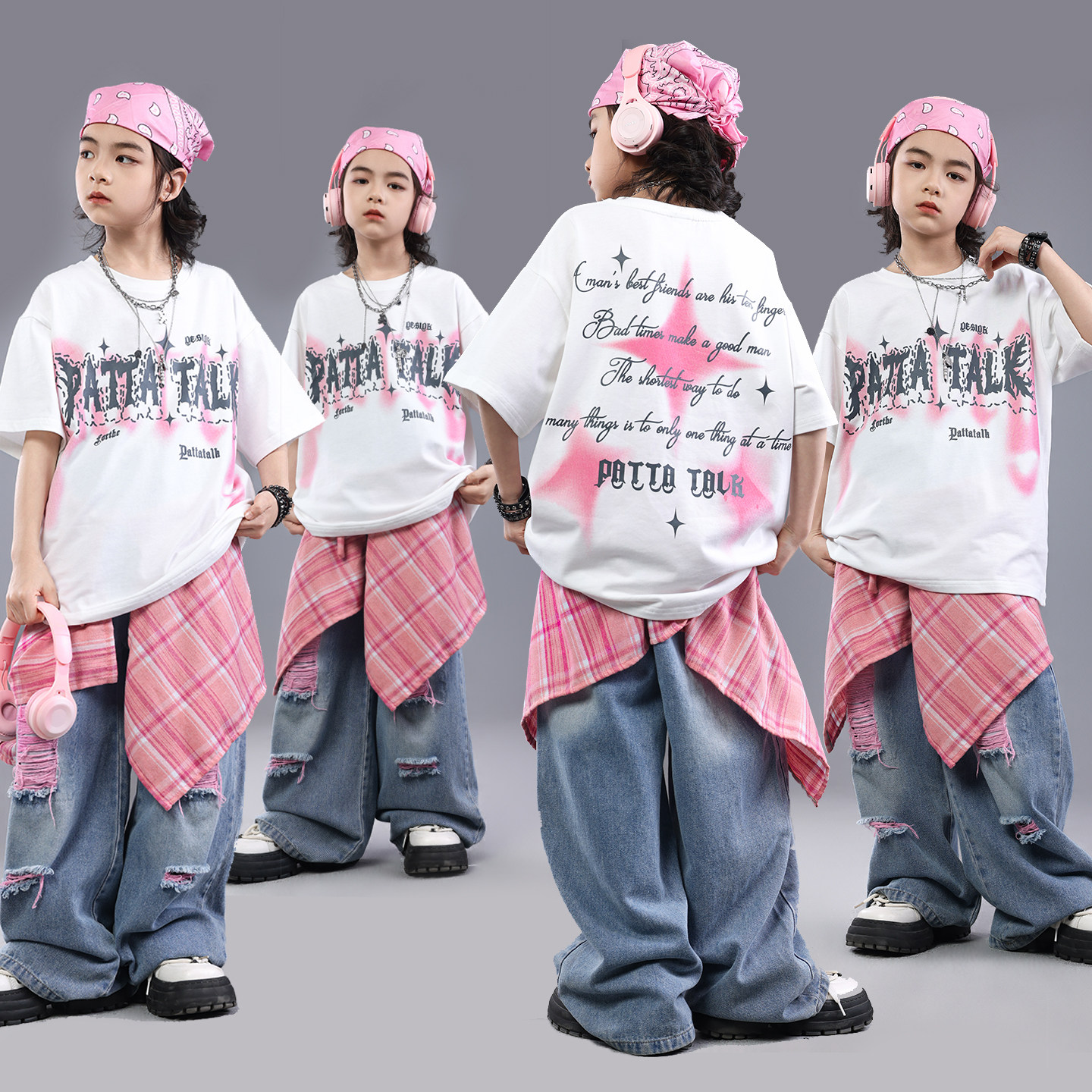 儿童街舞潮服男童嘻哈套装女童hiphop演出服夏季宽松走秀表演服装