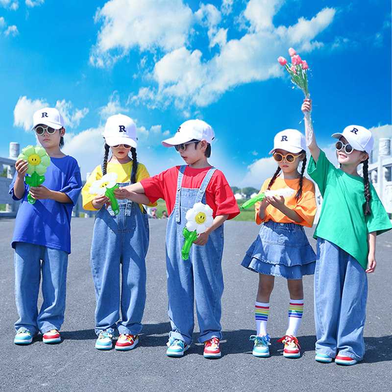 儿童啦啦队表演服装糖果色街舞定制logo中小学生团体运动会演出服