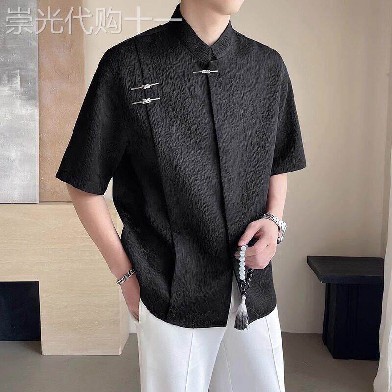 新中式男装短袖衬衫男士2026新款夏季盘扣国风立领订婚衬衣服男款