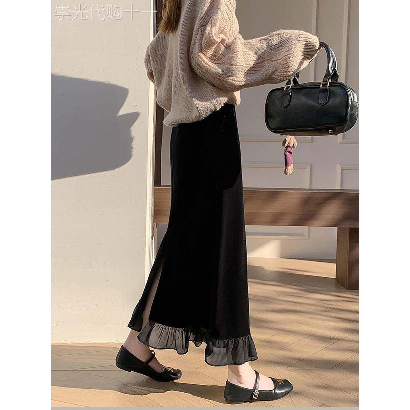 金丝绒半身裙女秋冬高腰显瘦气质长裙开叉鱼尾包臀裙直筒一步裙子
