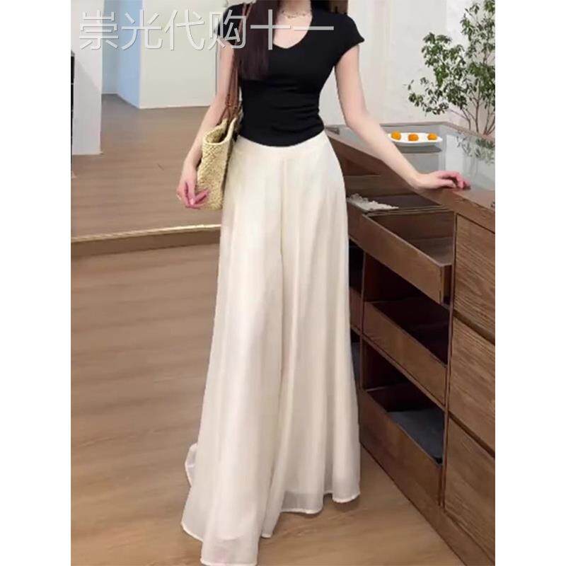 白色冰丝裙裤女2025夏季新款小个子高腰垂感仙气高级感休闲阔腿裤