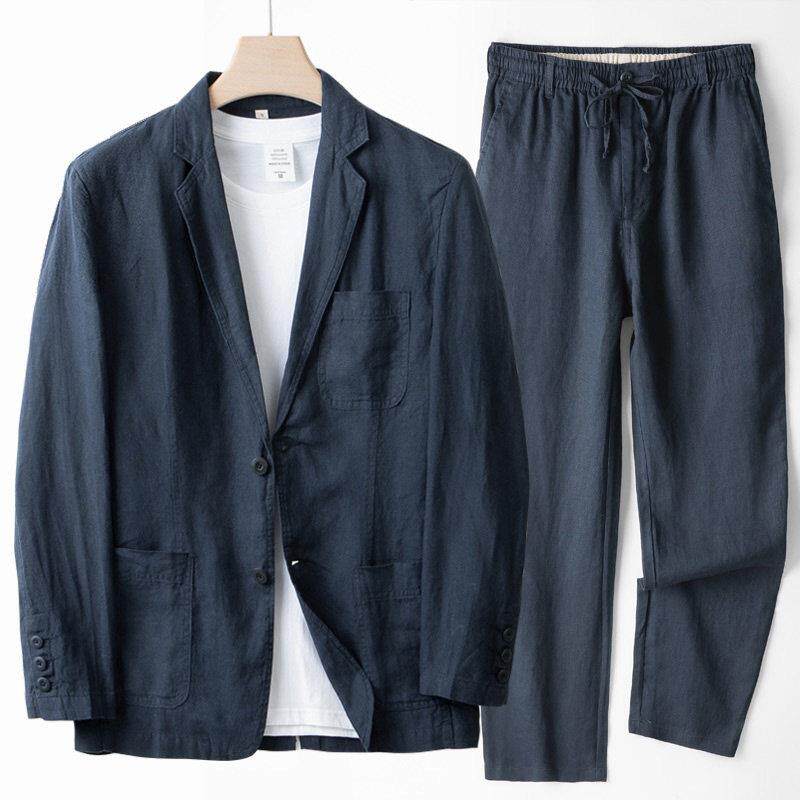 亚麻西装套装男春夏季防晒宽松薄款棉麻高端男士商务休闲西服套装