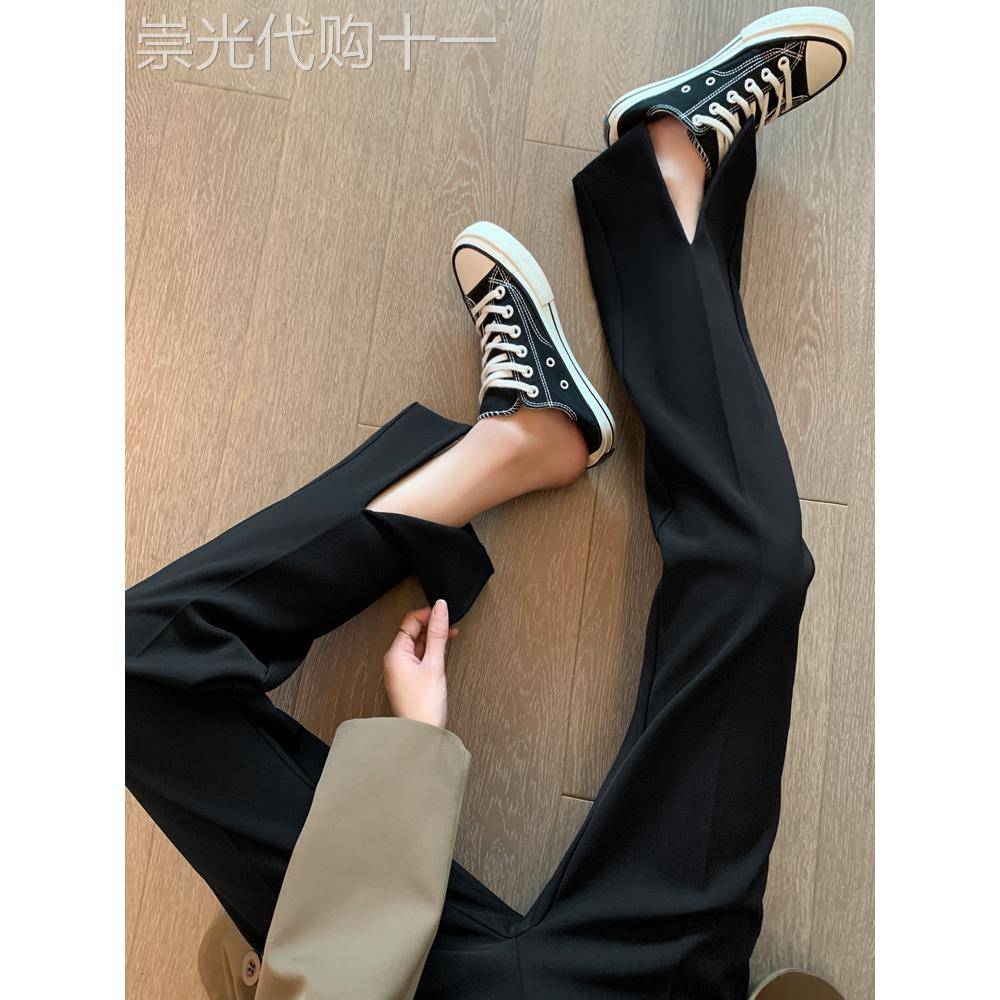 黑色开叉西装裤女春秋2025新款小个子直筒高腰拖地垂感阔腿裤夏季