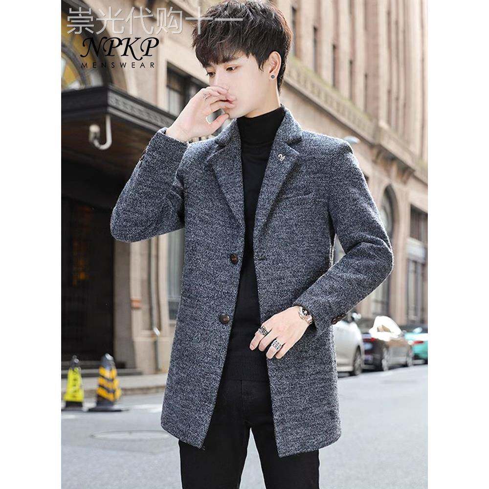 中长款毛呢外套男秋冬款新款韩版潮流修身小西服加绒加厚保暖风衣