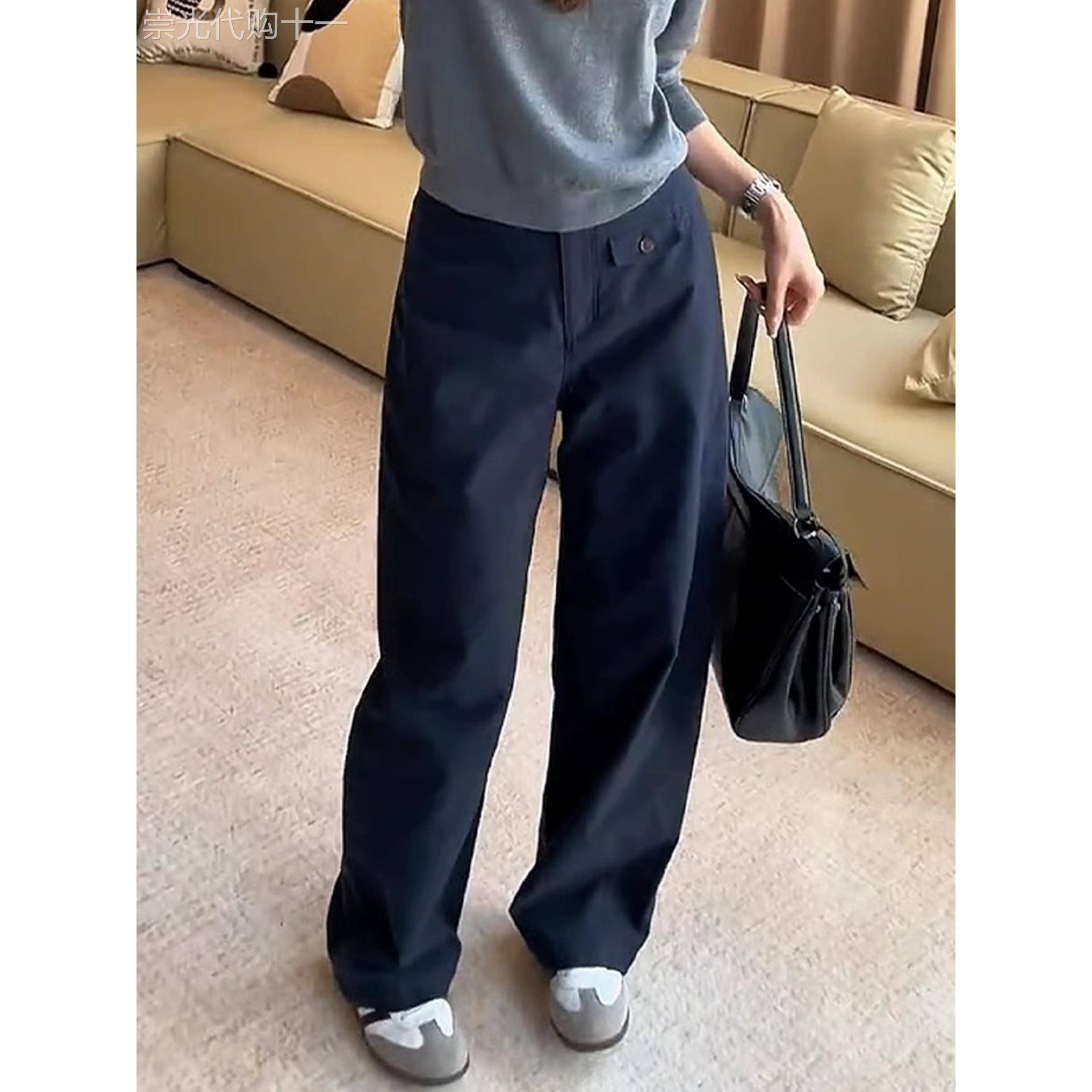 藏青色窄版直筒阔腿裤女秋季2025新款小个子高腰显瘦休闲工装裤子