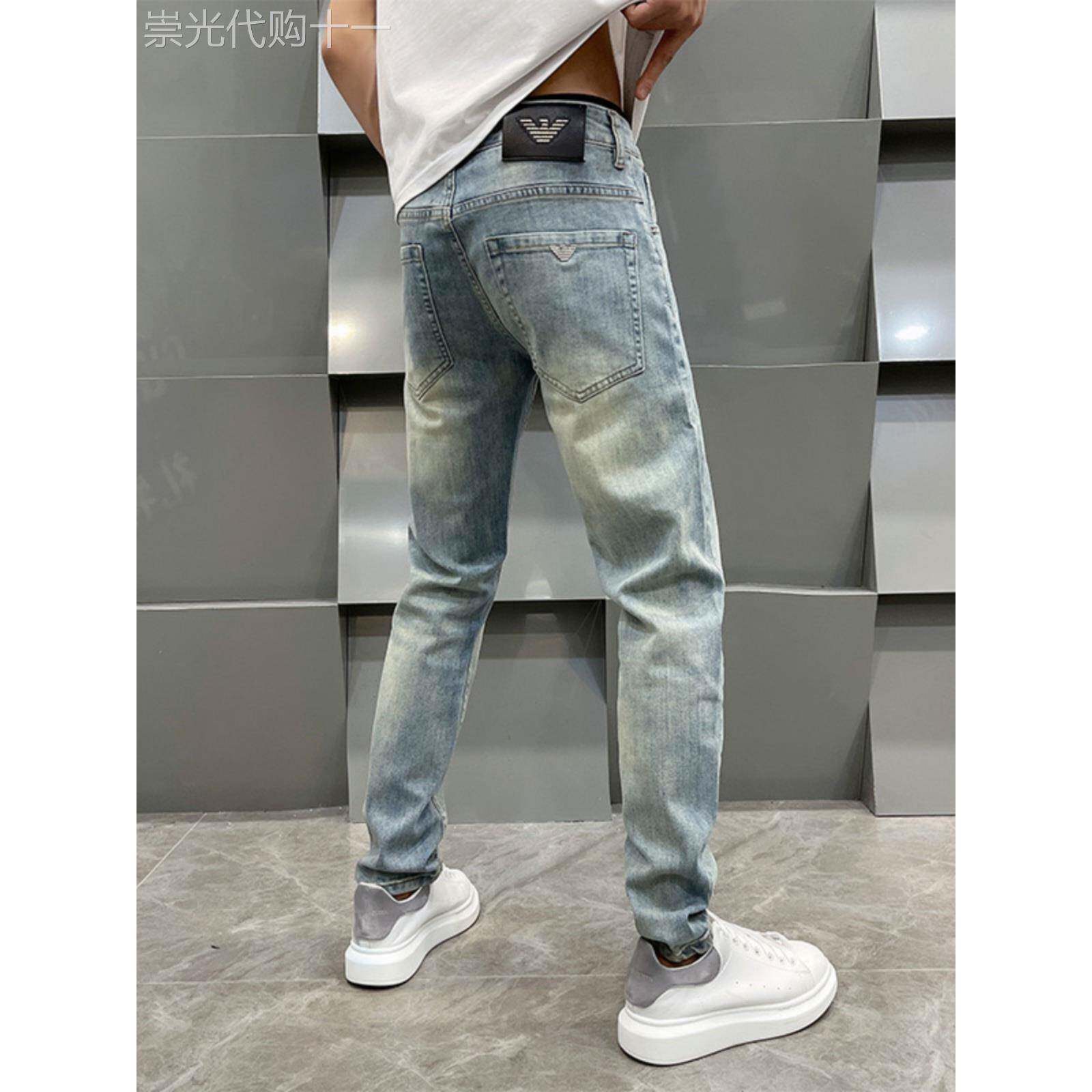 2025春秋新款潮牌修身小直筒覆古浅色弹力牛仔裤男士欧货休闲长裤