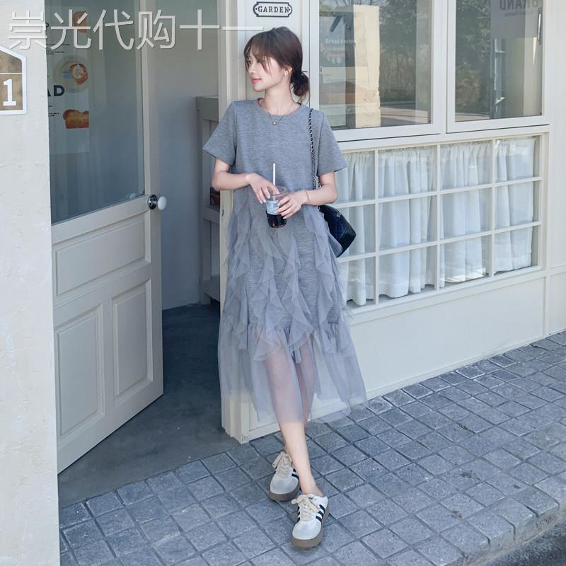 灰色设计感网纱拼接洋装女2026夏新款法式休闲独特别致T恤裙子