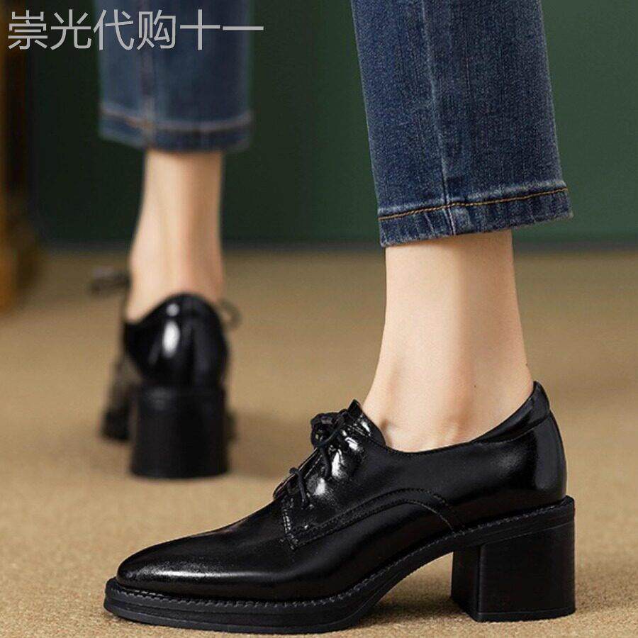 覆古尖头英伦风深口系带单鞋女2025春秋新款休闲粗跟潮流高跟鞋子