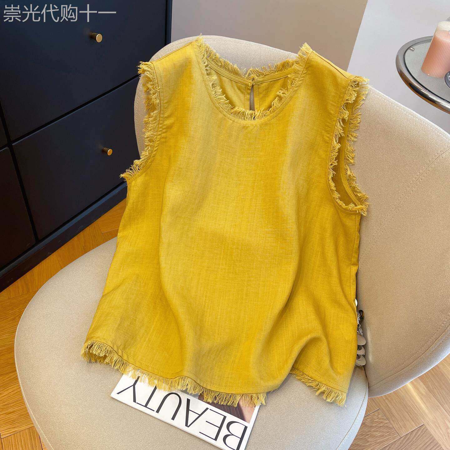潮牌夏季新款纯色流苏边亚麻圆领无袖衬衫女宽松洋气背心上衣小衫