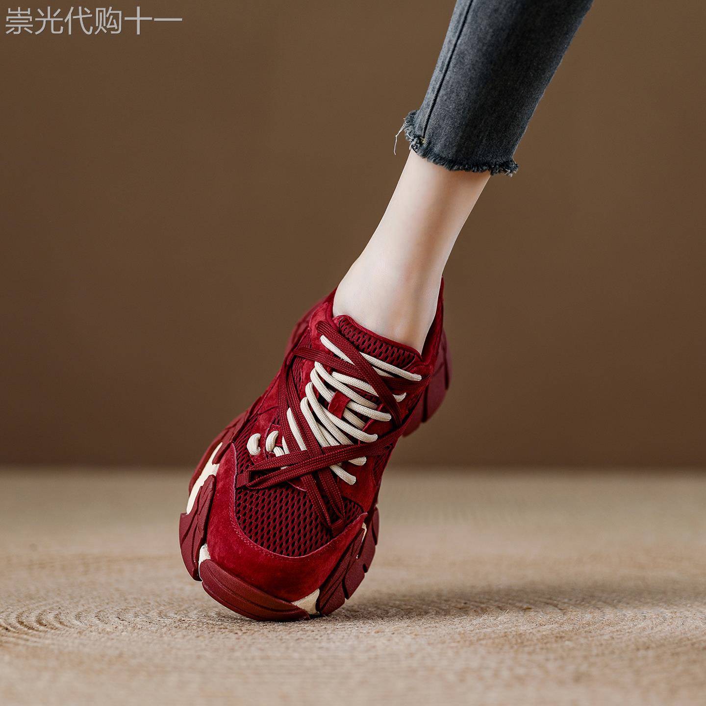 西班牙小众品牌ONGYSL红色网面透气运动鞋女鞋厚底增高跑步鞋婚鞋