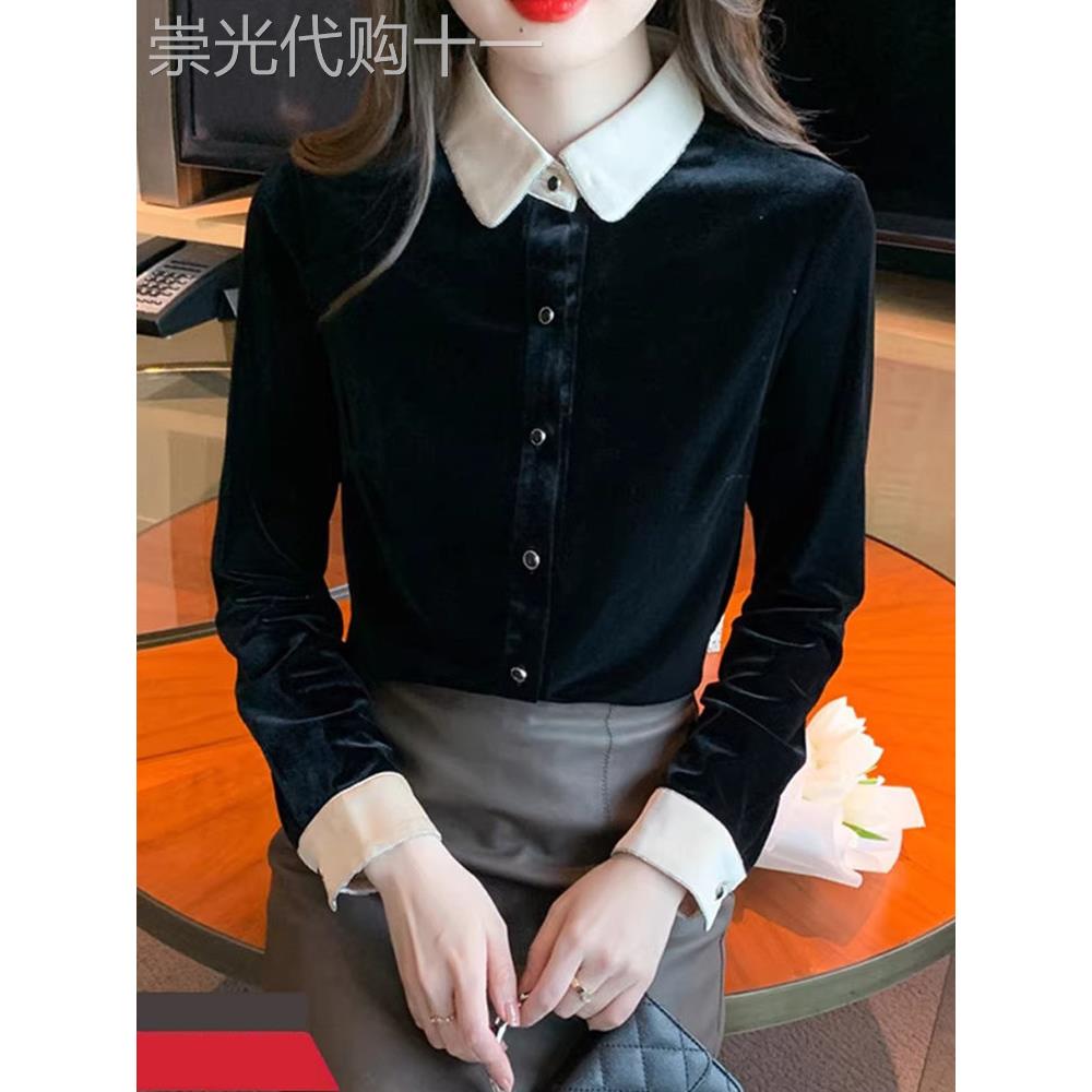 金丝绒衬衫女春秋2025年新款高级设计感洋气小衫撞色翻领长袖上衣