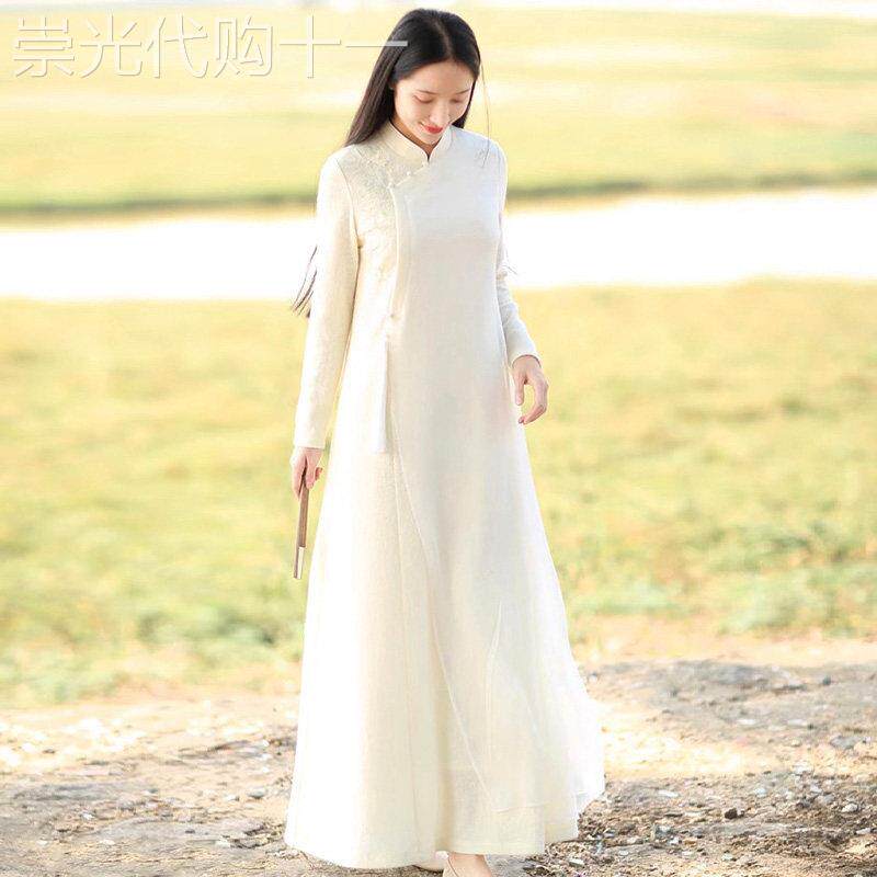 茶艺师服装改良旗袍日常中式连衣裙中国风女装禅意仙气茶服女秋冬