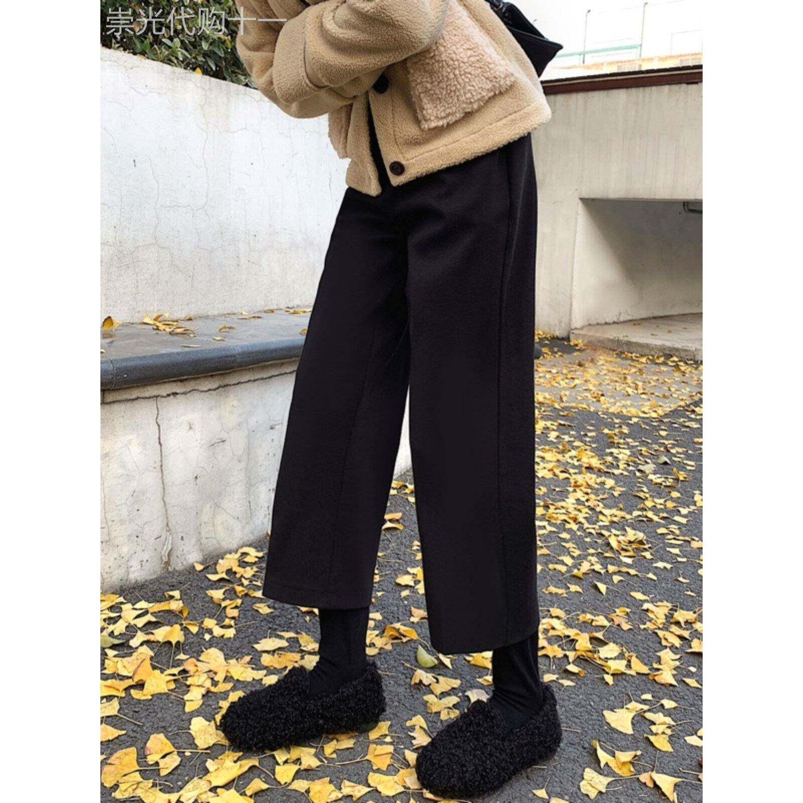 毛呢阔腿裤女春秋冬高腰显瘦小个子八分直筒裤加厚宽松九分休闲裤