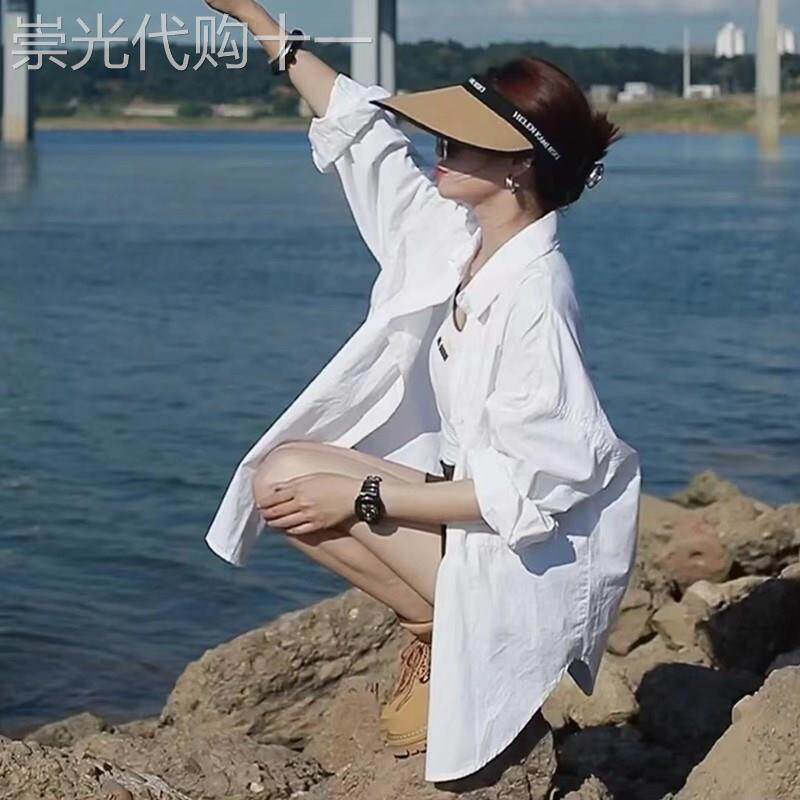 欧货白色长袖衬衫女春夏薄款韩版洗水纯棉慵懒风休闲衬衣外套上衣