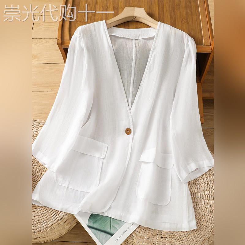 潮牌苎麻一粒扣西装七分袖防晒衣女夏季薄款开衫通勤V领西服外套