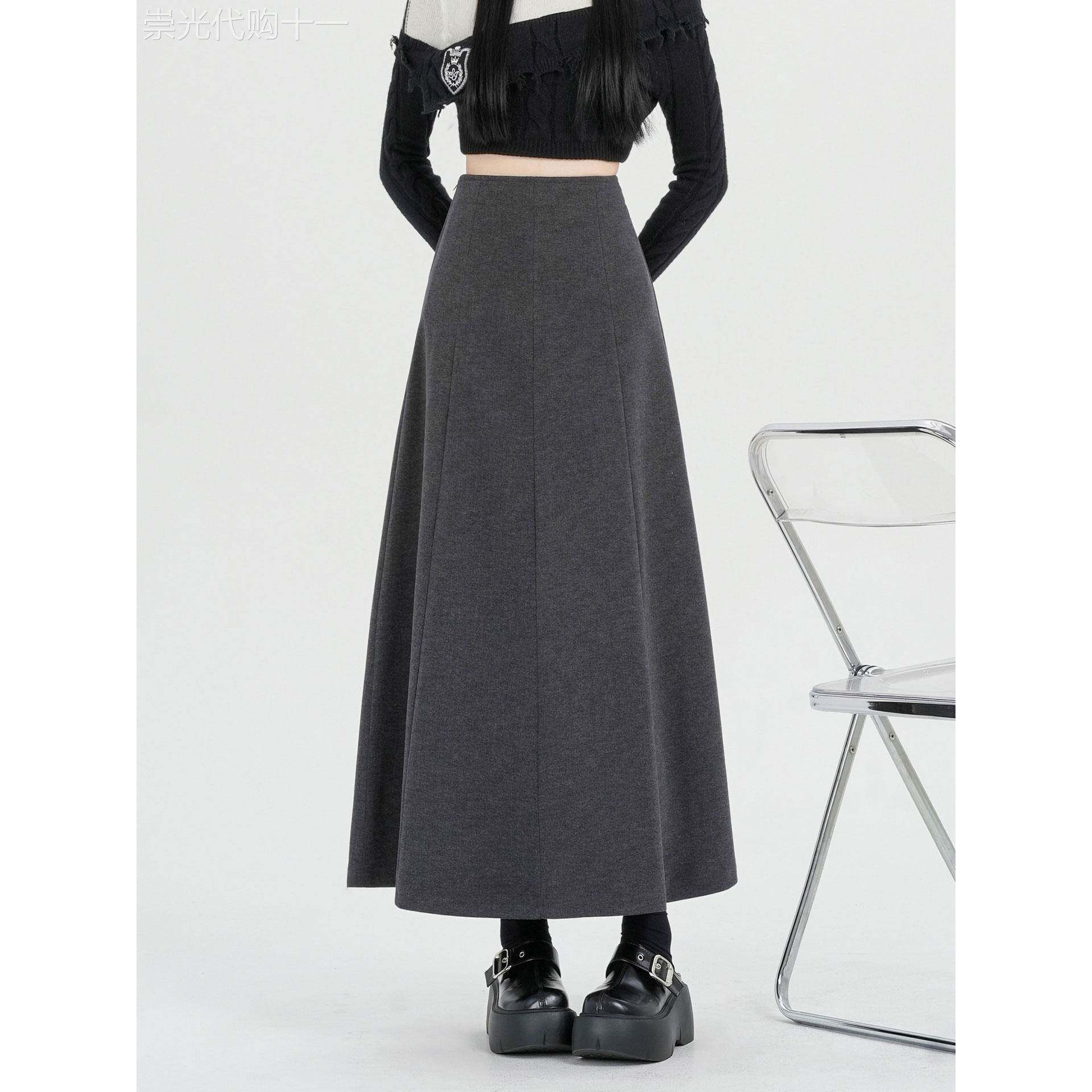 灰色加厚毛呢半身裙女2025年秋冬季新款高腰中长款a字大摆伞裙子