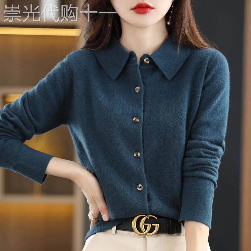 羊绒衬衫女秋冬2025新款时尚休闲针织衫修身加厚Polo领磨毛打底衫