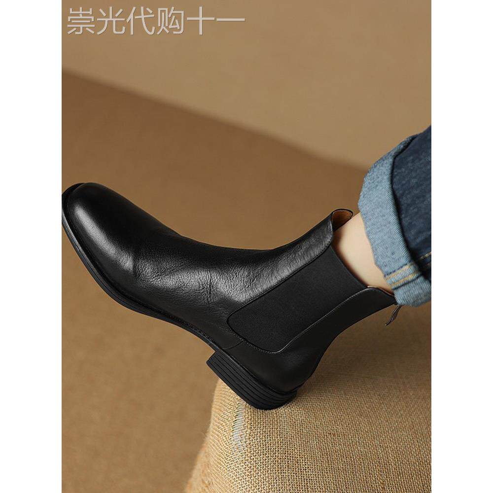 法式覆古瘦瘦靴女2025春秋新款真皮后拉炼马丁靴英伦风切尔西短靴