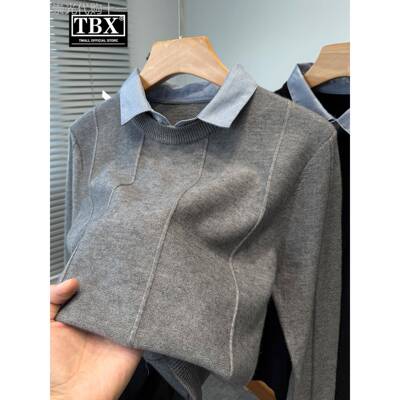 高端假两件衬衫领毛衣男士2025新款秋冬季商务休闲打底针织衫男款
