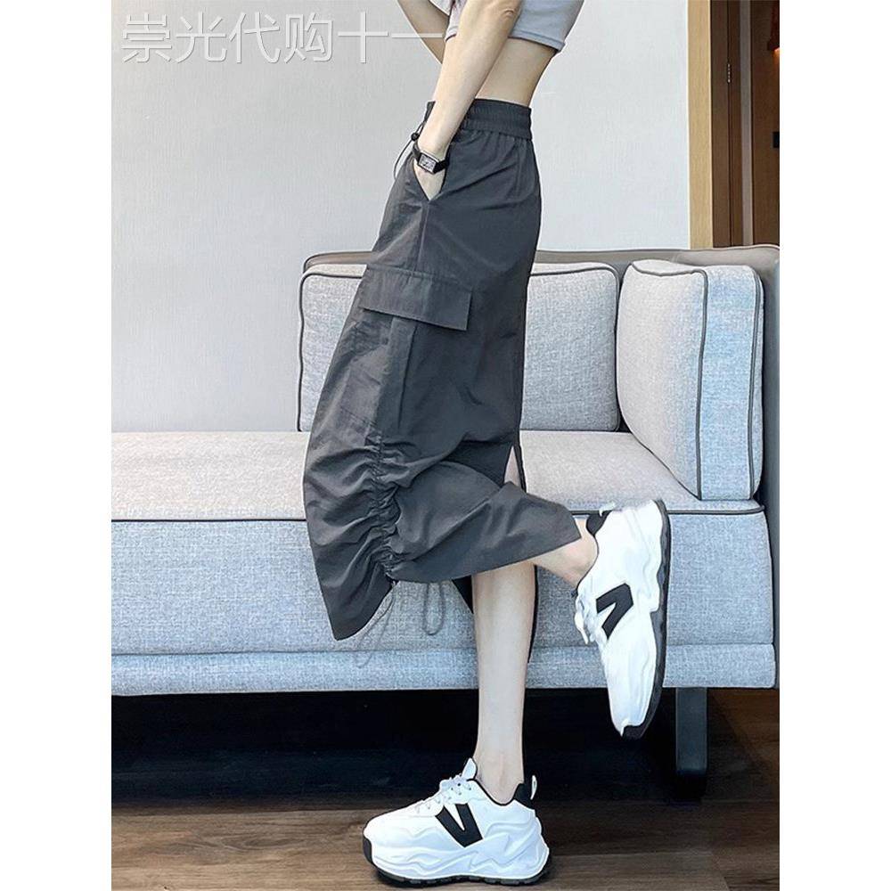 灰色半身裙女2026新款夏中长版褶皱包臀裙高腰显瘦a字复古工装裙