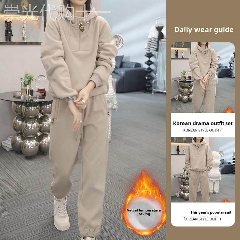 香港冬款卡其色加绒加厚卫衣套装女减龄纯色连帽运动服休闲两件套
