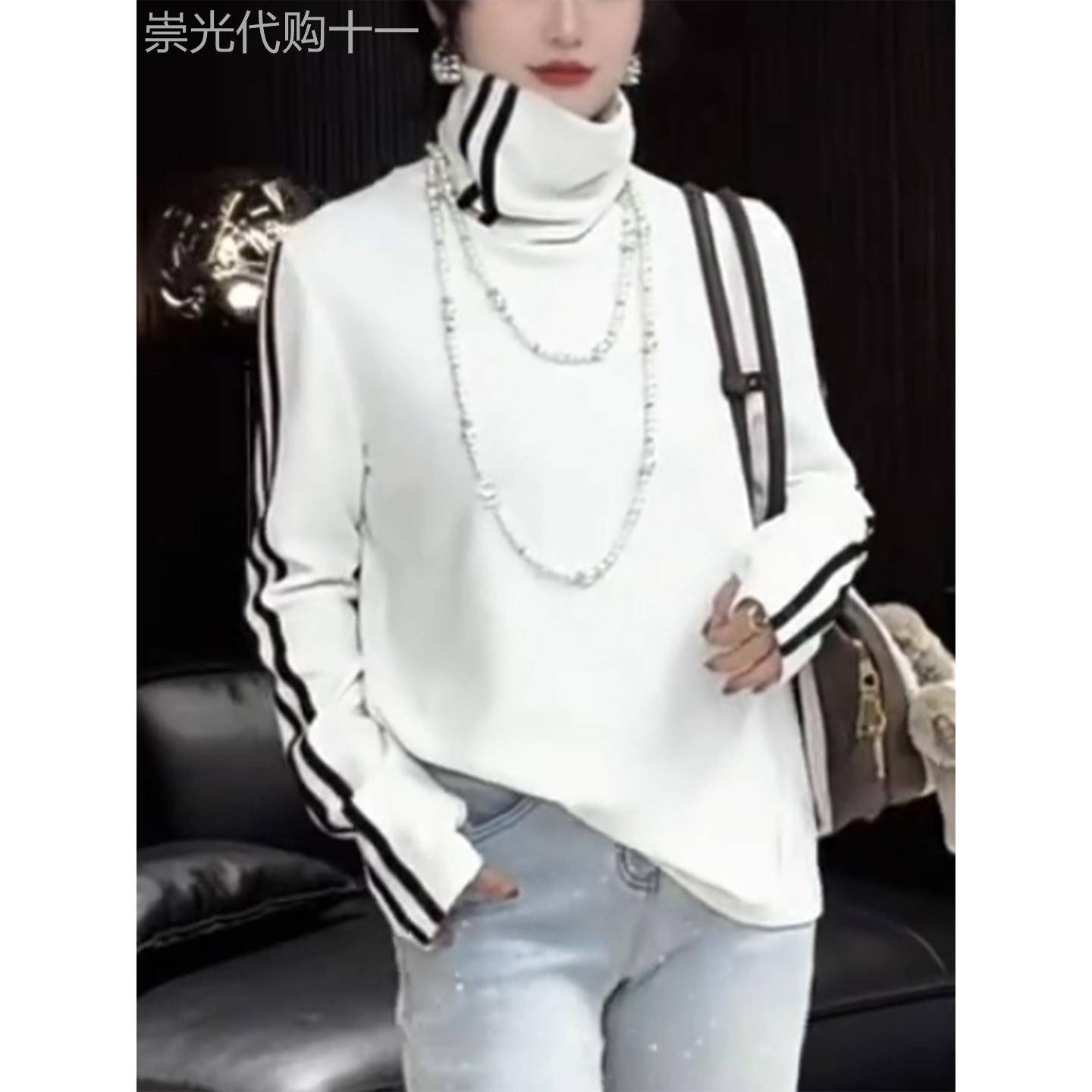 秋冬高领时尚气质条纹长袖打底衫百搭休闲风显瘦修身简约T恤上衣